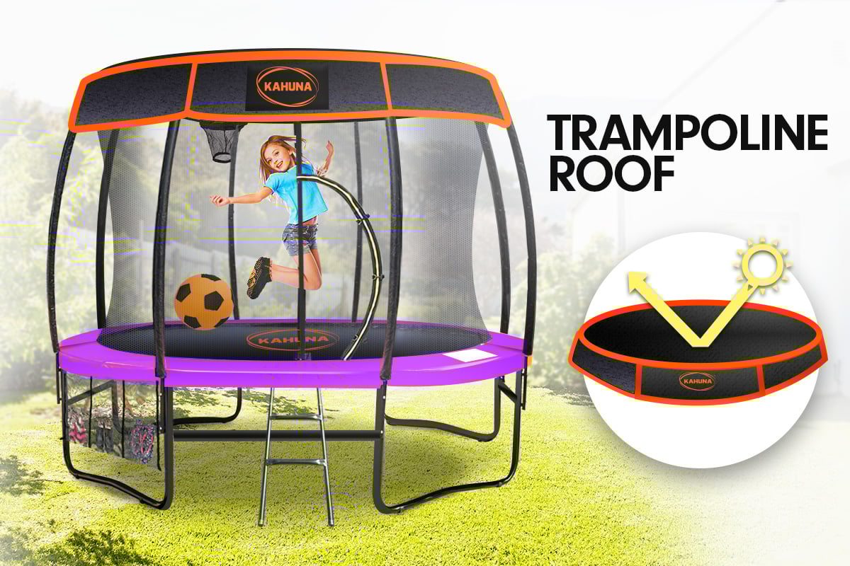 Kahuna Trampoline 12 ft with Basketball Set and Roof - Purple