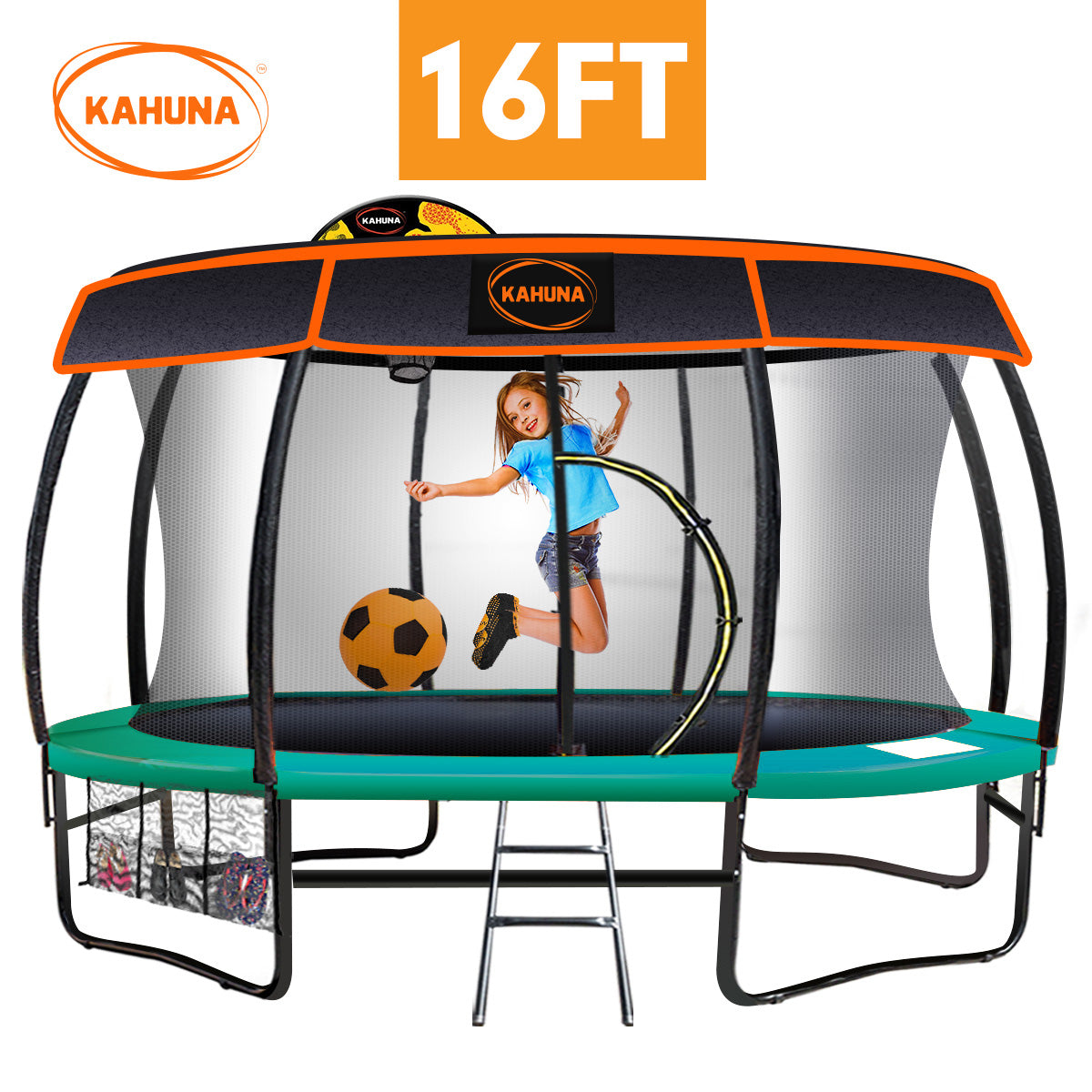 Kahuna Trampoline 16 ft with Basketball Set and Roof - Green