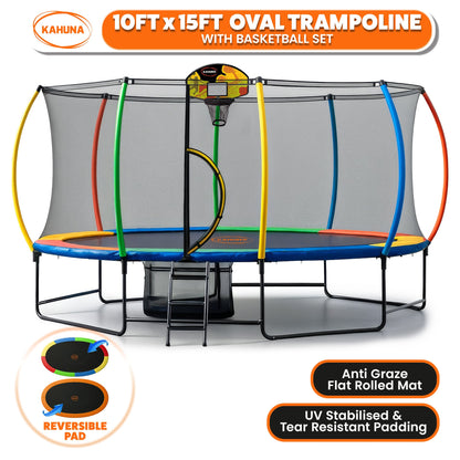 Kahuna 10 ft x 15 ft Oval Outdoor Trampoline w/ Basketball Set Reversible Rainbow & Orange Safety Pad Safety Net Ladder