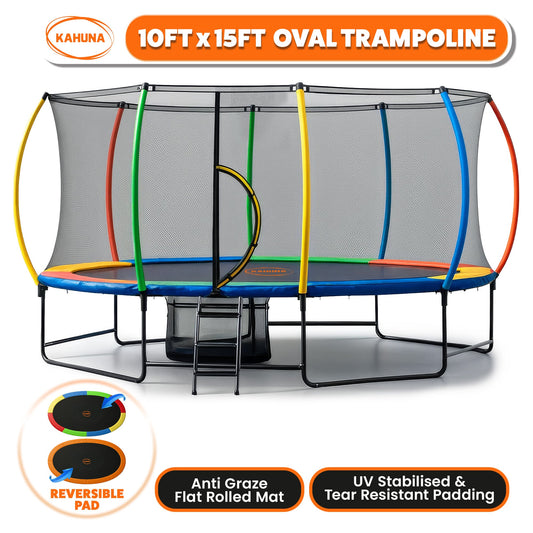 Kahuna 10 ft x 15 ft Oval Outdoor Trampoline with Reversible Rainbow & Orange Safety Pad Safety Net and Ladder