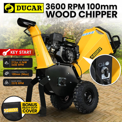 Ducar 70P 3600 RPM Wood Chipper with E-Start Shredder Mulcher Grinder Yellow Black