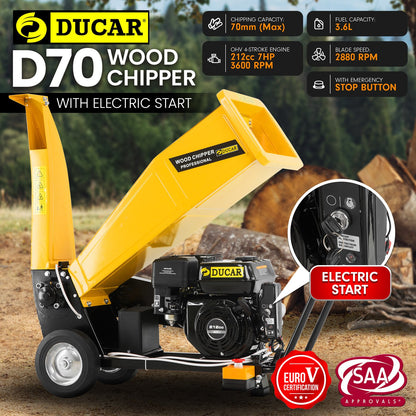 Ducar D70 7HP Wood Chipper Shredder Mulcher Grinder Petrol and Electric Start in Yellow
