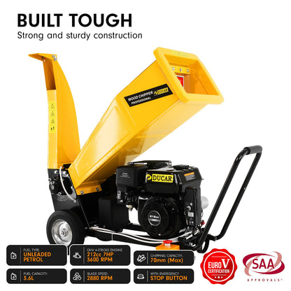 Ducar D70 7HP Wood Chipper Shredder Mulcher Grinder Petrol and Electric Start in Yellow