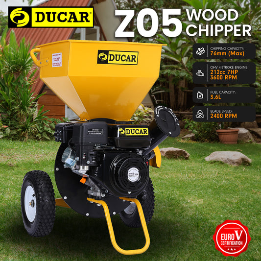 Ducar 7HP Wood Chipper Shredder Mulcher Grinder Petrol Yellow Black