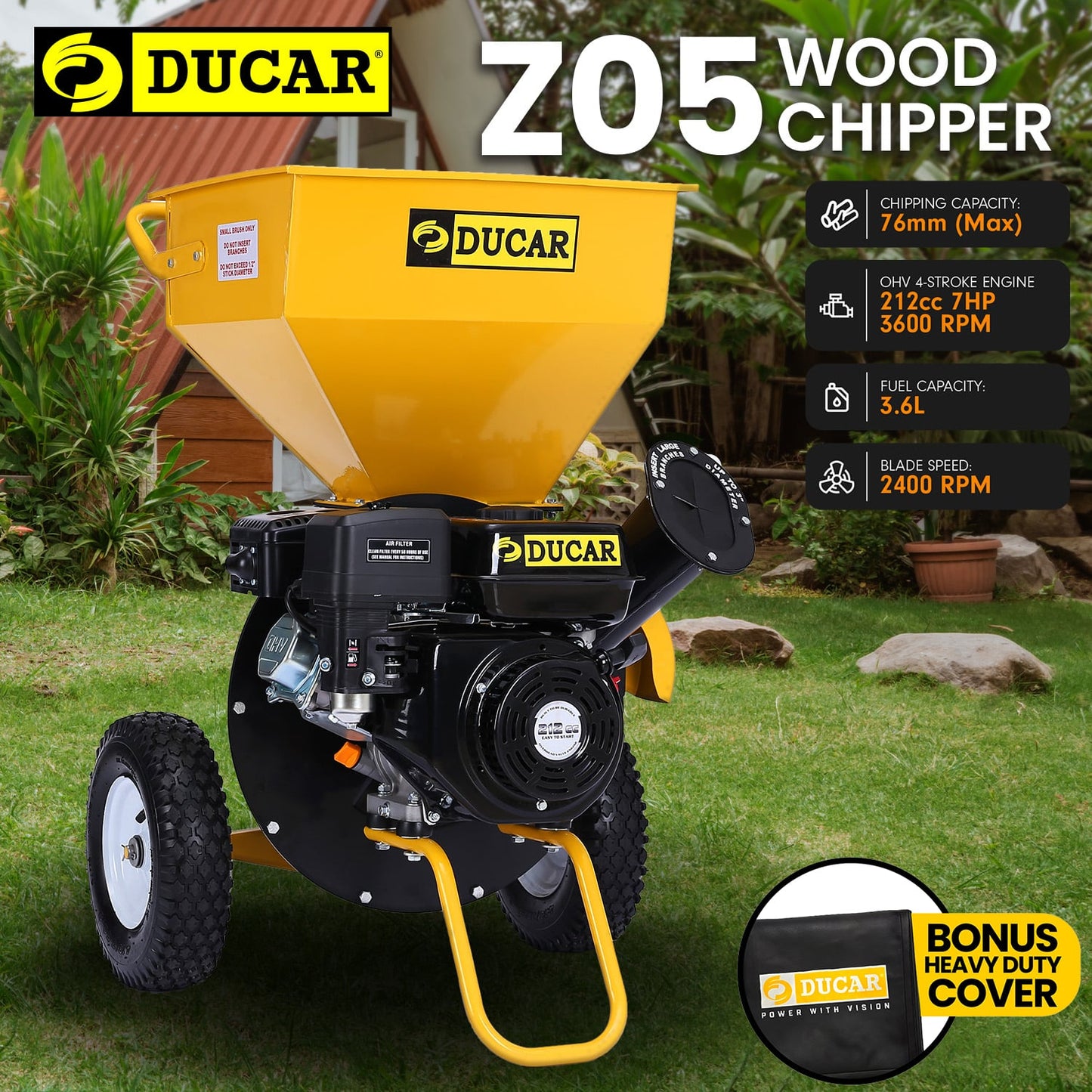 Ducar 7HP Wood Chipper Shredder Mulcher Grinder Petrol Yellow Black