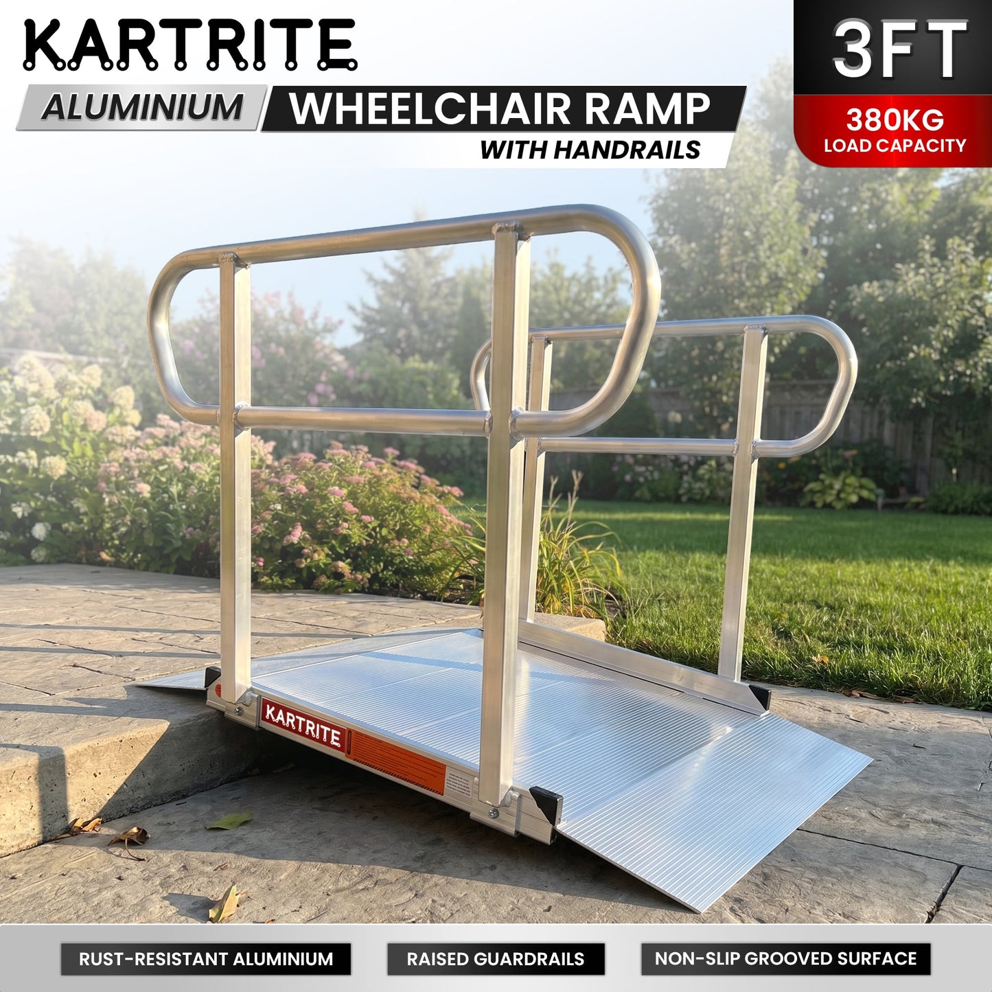 Kartrite 3ft Aluminium Wheelchair Ramp w/ Handrails 380kg Capacity 93.5cm Width