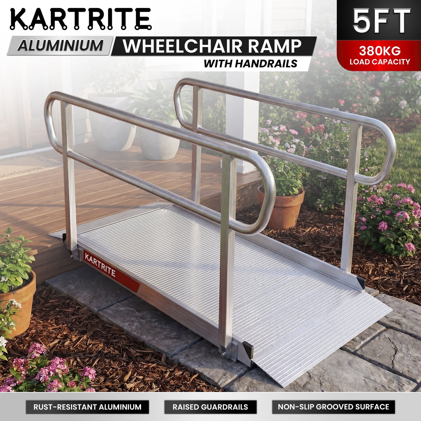 Kartrite 5ft Aluminium Wheelchair Ramp w/ Handrails 380kg Capacity 93.5cm Width