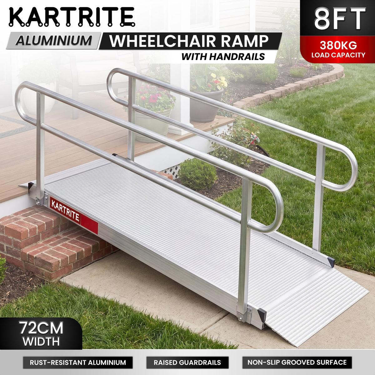 Kartrite 8ft Aluminium Wheelchair Ramp w/ Handrails 380kg Capacity 72cm Width
