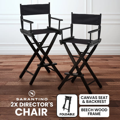Sarantino Set of 2 Black Tall Directors Chair Beech Wood Frame with Canvas Seat