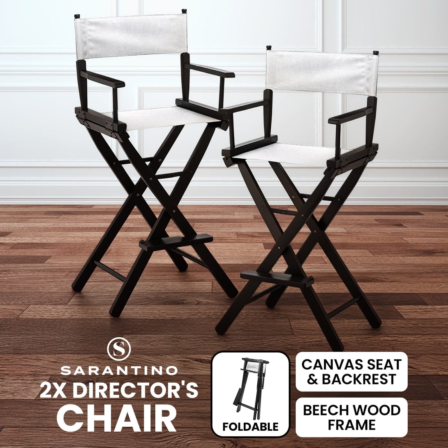Sarantino Set of 2 White Tall Directors Chair Beech Wood Frame with Canvas Seat