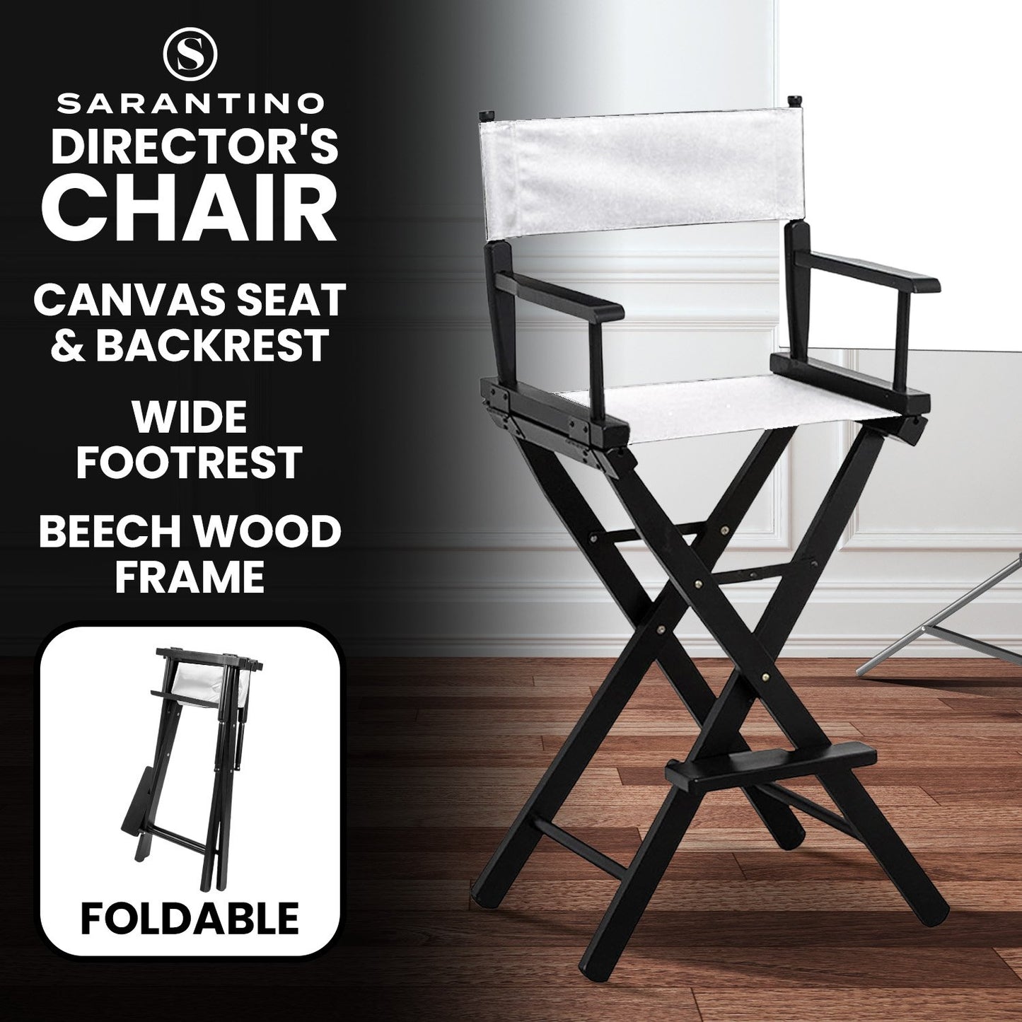 Sarantino Tall Directors Chair Bar Stool Seat - White