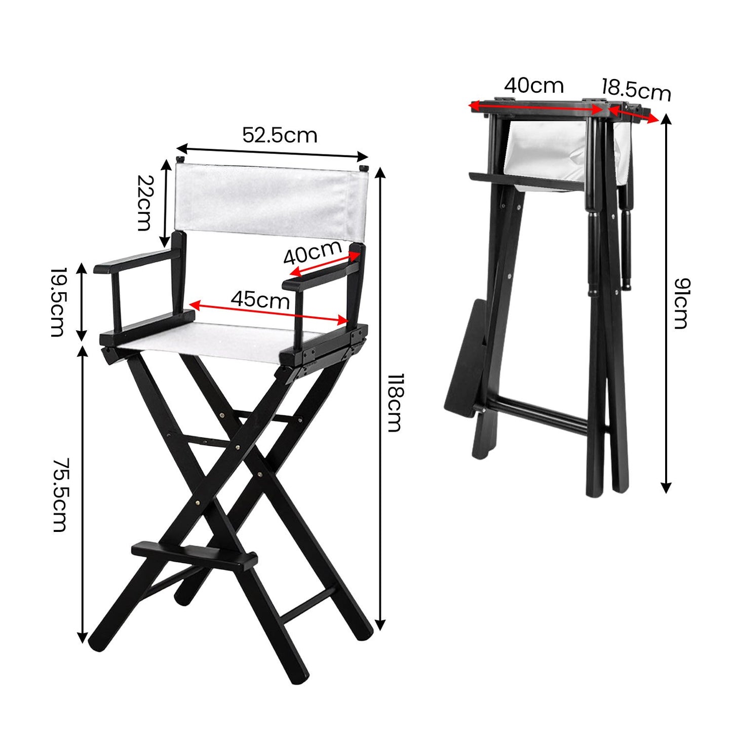 Sarantino Tall Directors Chair Bar Stool Seat - White