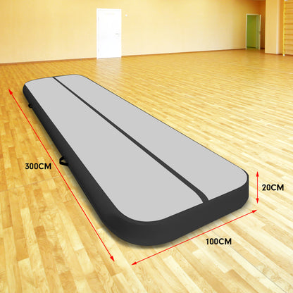 3m x 1m Air Track Inflatable Tumbling Mat Gymnastics - Grey Black