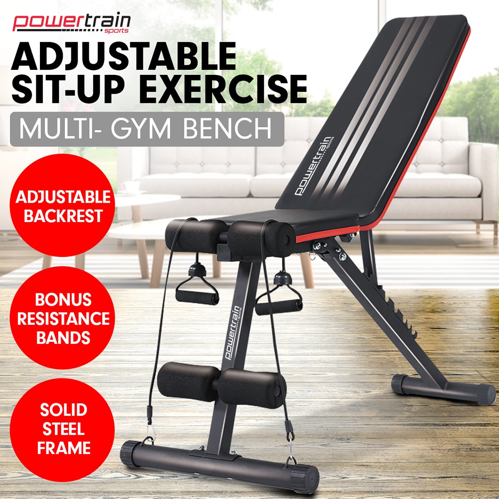 Powertrain Adjustable Incline Decline Exercise Bench Resistance Bands ...