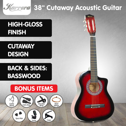 Karrera 38in Pro Cutaway Acoustic Guitar with guitar bag - Red Burst
