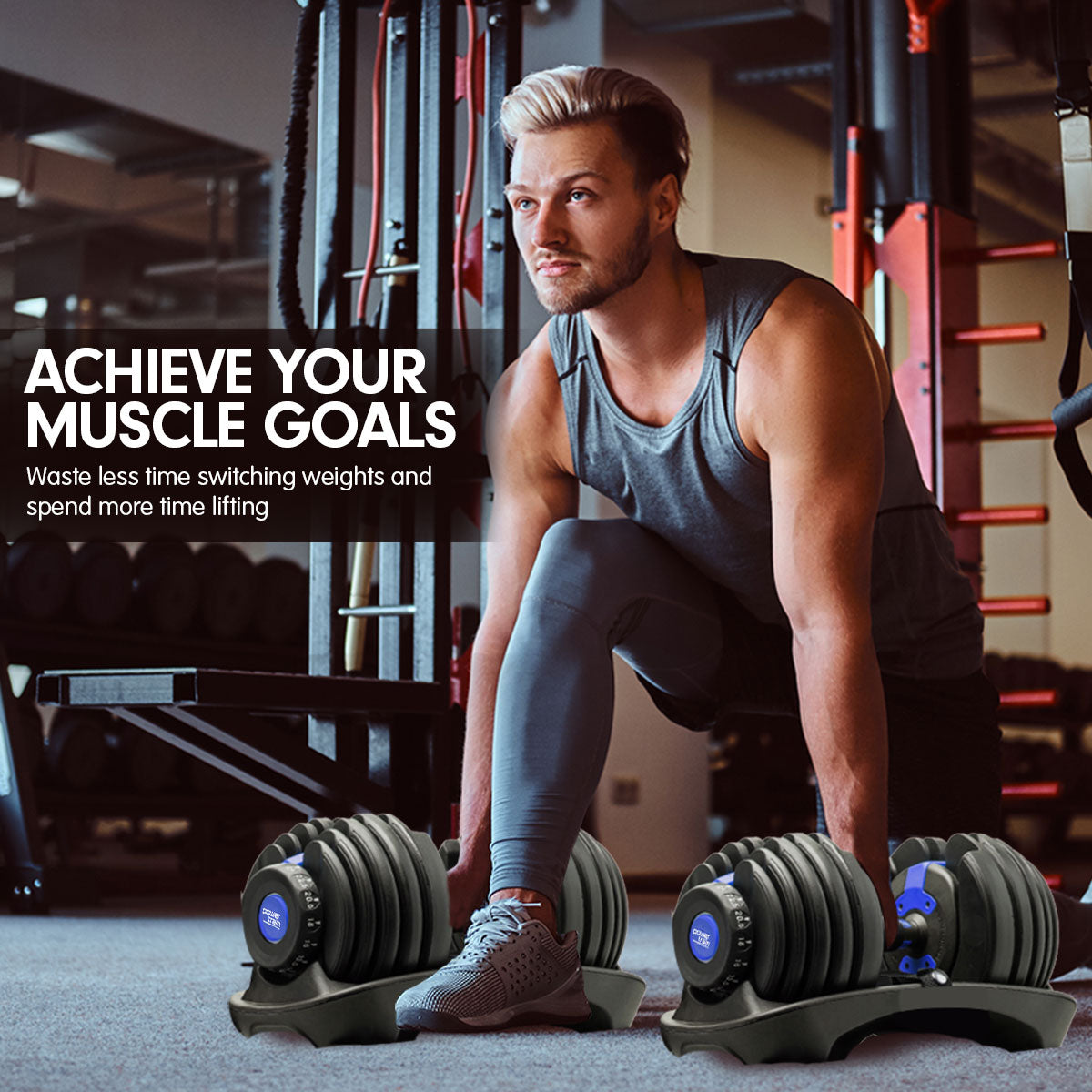 48KG Powertrain Adjustable Dumbbell Set With Stand Blue