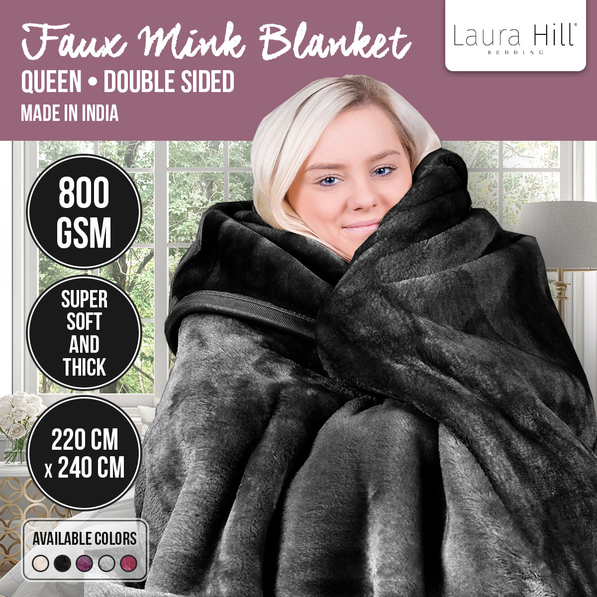 Laura Hill Faux Mink Blanket 800GSM Heavy Double-Sided - Black