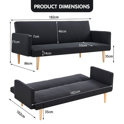Sarantino 3-Seater Faux Linen Sofa Bed Couch - Black
