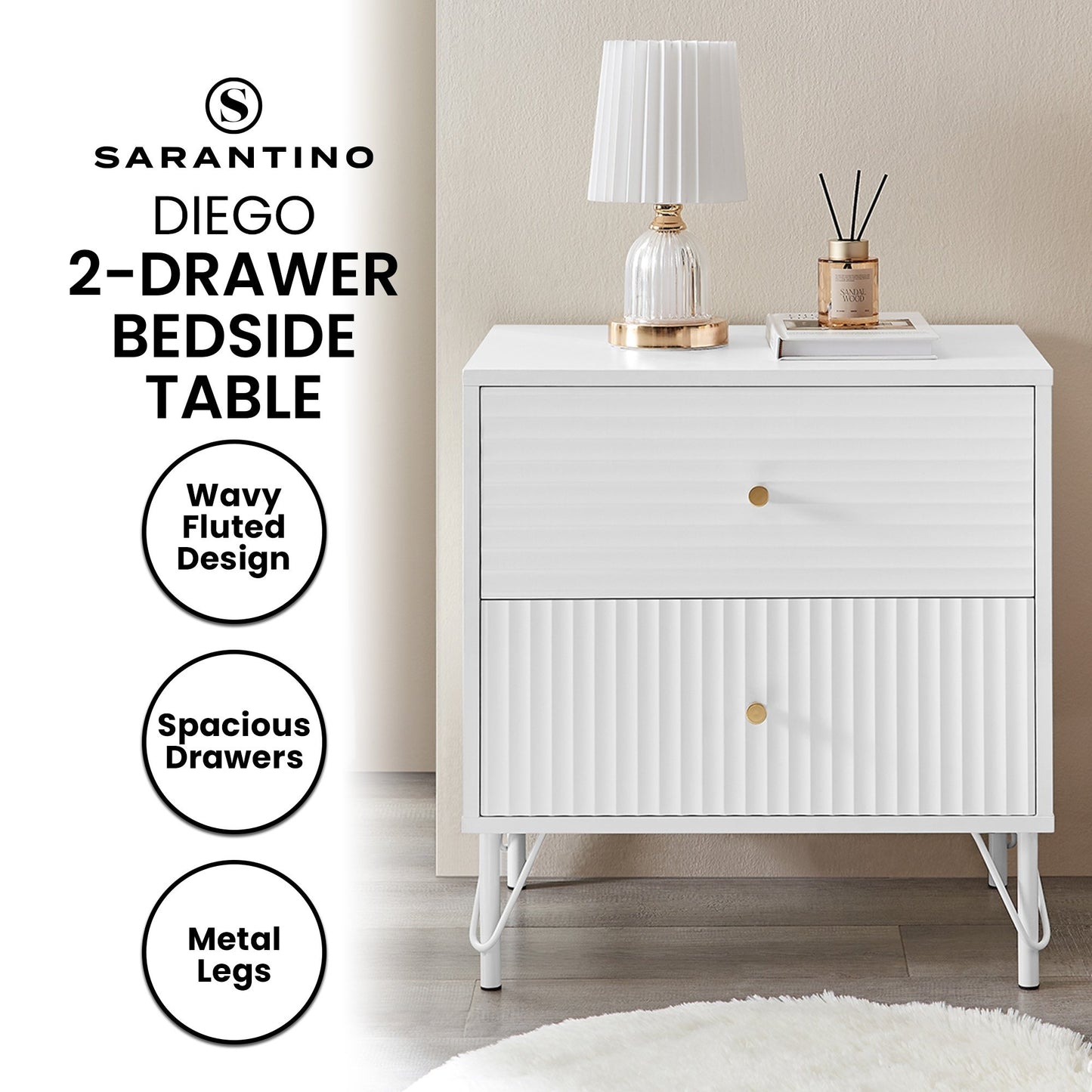 Sarantino Diego Bedside Table Night Stand with 2 Drawers - White