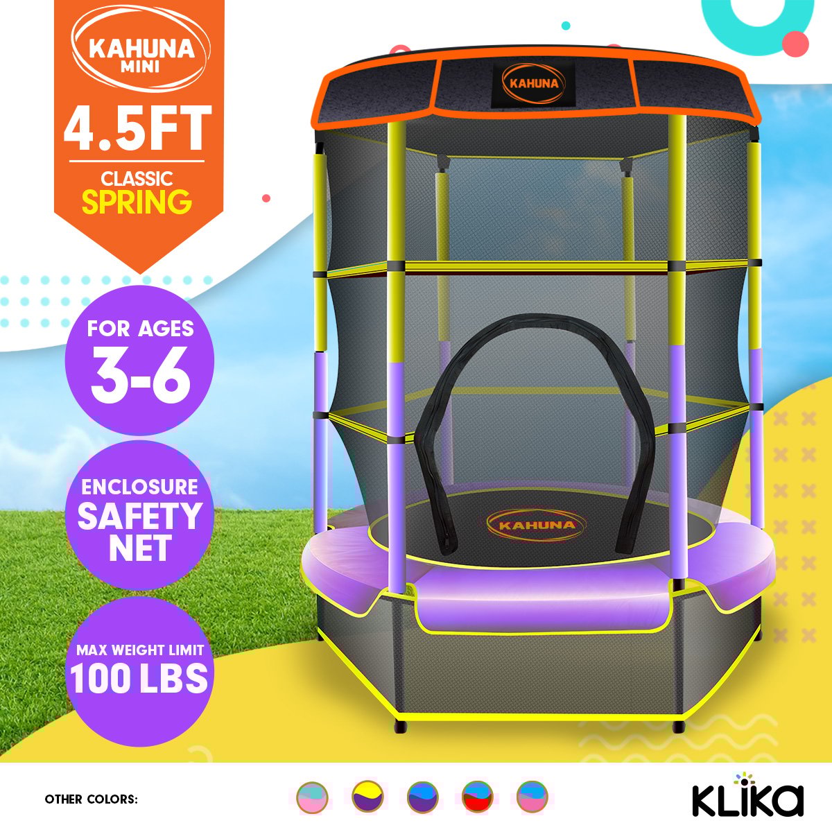 Kahuna Mini 4.5 ft Trampoline Yellow Purple